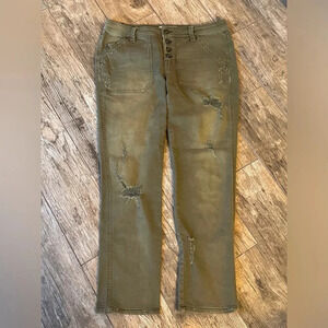 Free people olive green button fly distressed crop pants 4